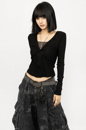 Retro Lace-Up Black Top