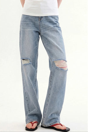 Retro Light Blue Ripped Straight Jeans