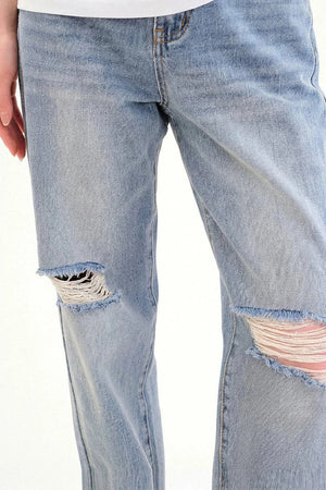 Retro Light Blue Ripped Straight Jeans