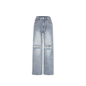 Retro Light Blue Ripped Straight Jeans