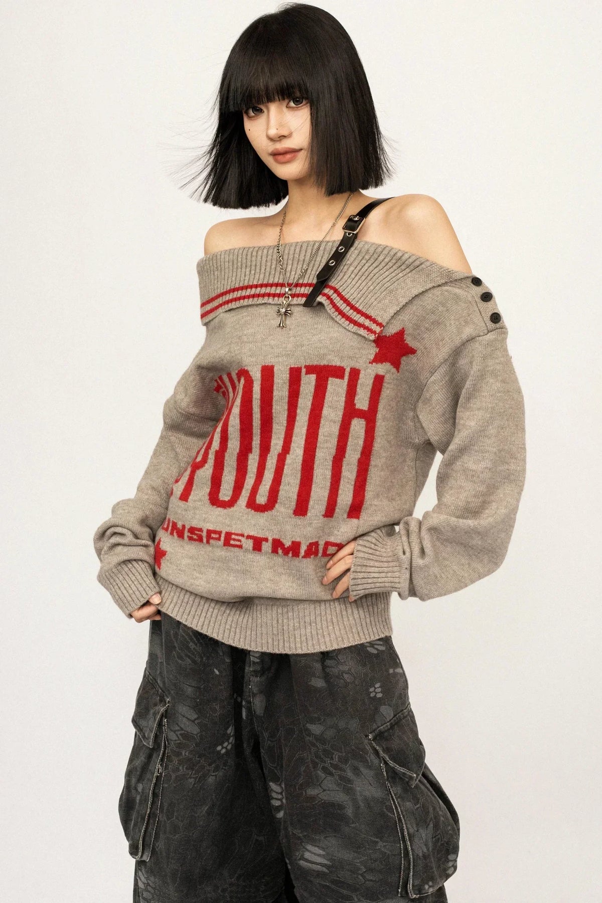 Retro Off-Shoulder Knit Cardigan