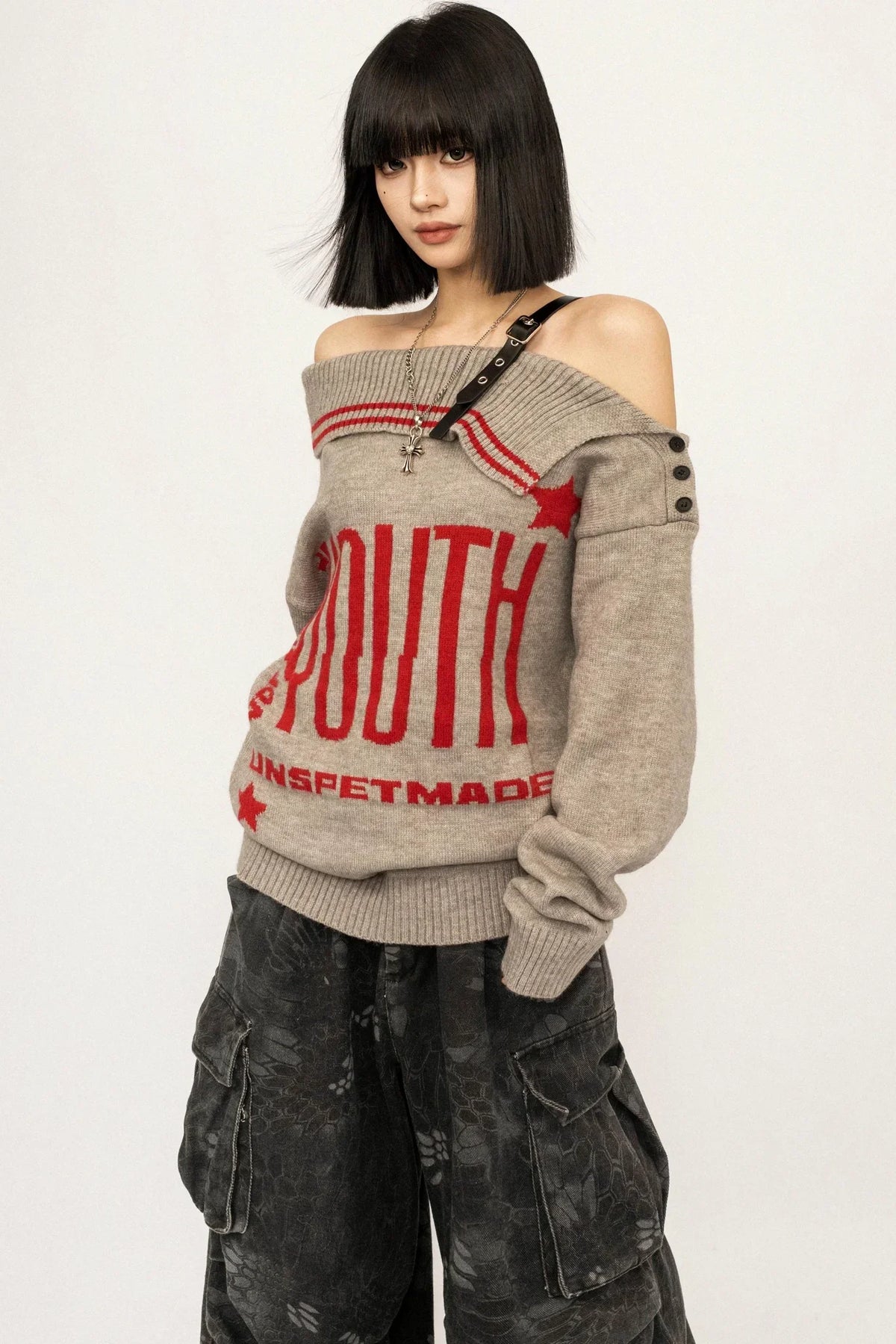 Retro Off-Shoulder Knit Cardigan