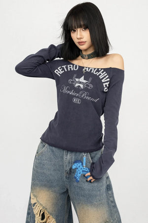 Retro Off-Shoulder Letter Top