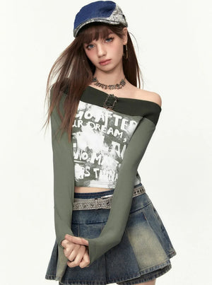 Retro One Shoulder Printed Long Sleeves T-shirt