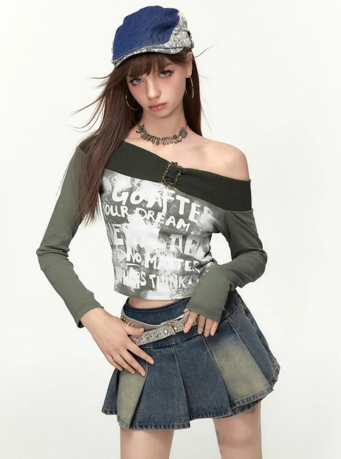 Retro One Shoulder Printed Long Sleeves T-shirt
