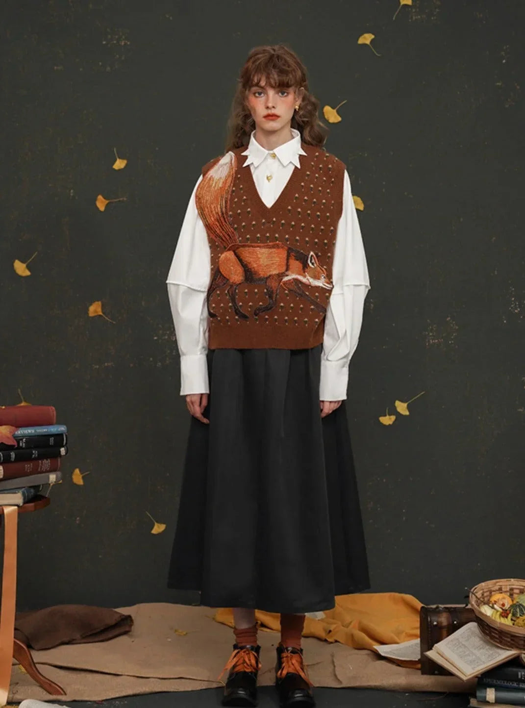 Retro Orange Fox Knitted Sleeveless Vest