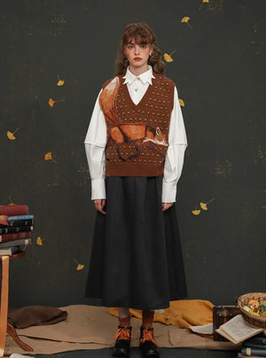 Retro Orange Fox Knitted Sleeveless Vest