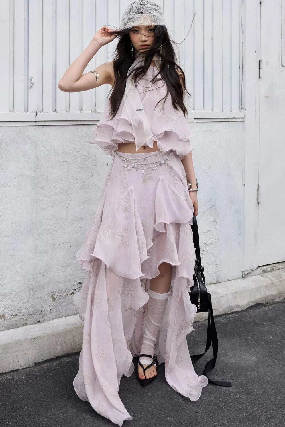 Retro Peach Pink Ruffle Halter Top Set-Up