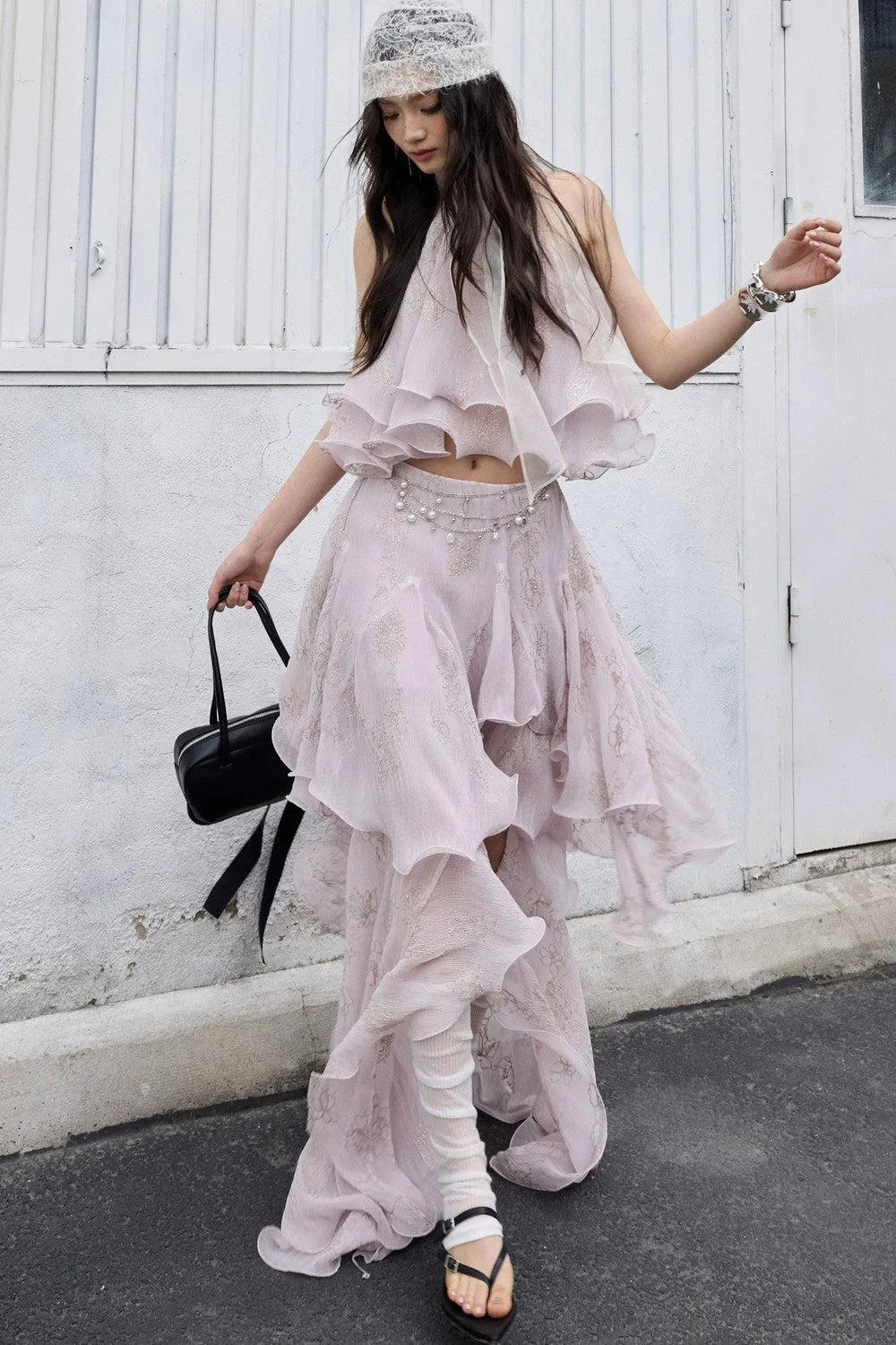 Retro Peach Pink Ruffle Halter Top Set-Up