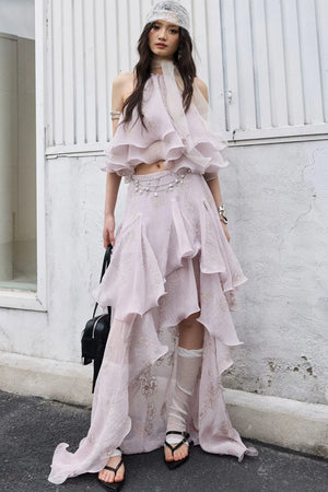 Retro Peach Pink Ruffle Halter Top Set-Up