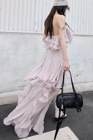 Retro Peach Pink Ruffle Halter Top Set-Up