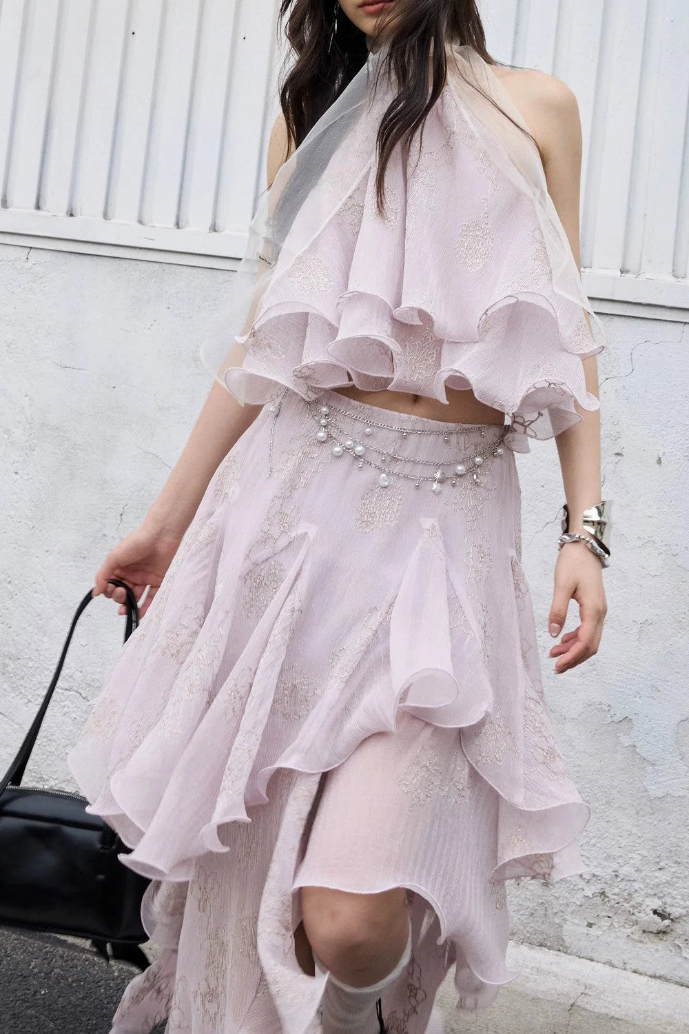 Retro Peach Pink Ruffle Halter Top Set-Up