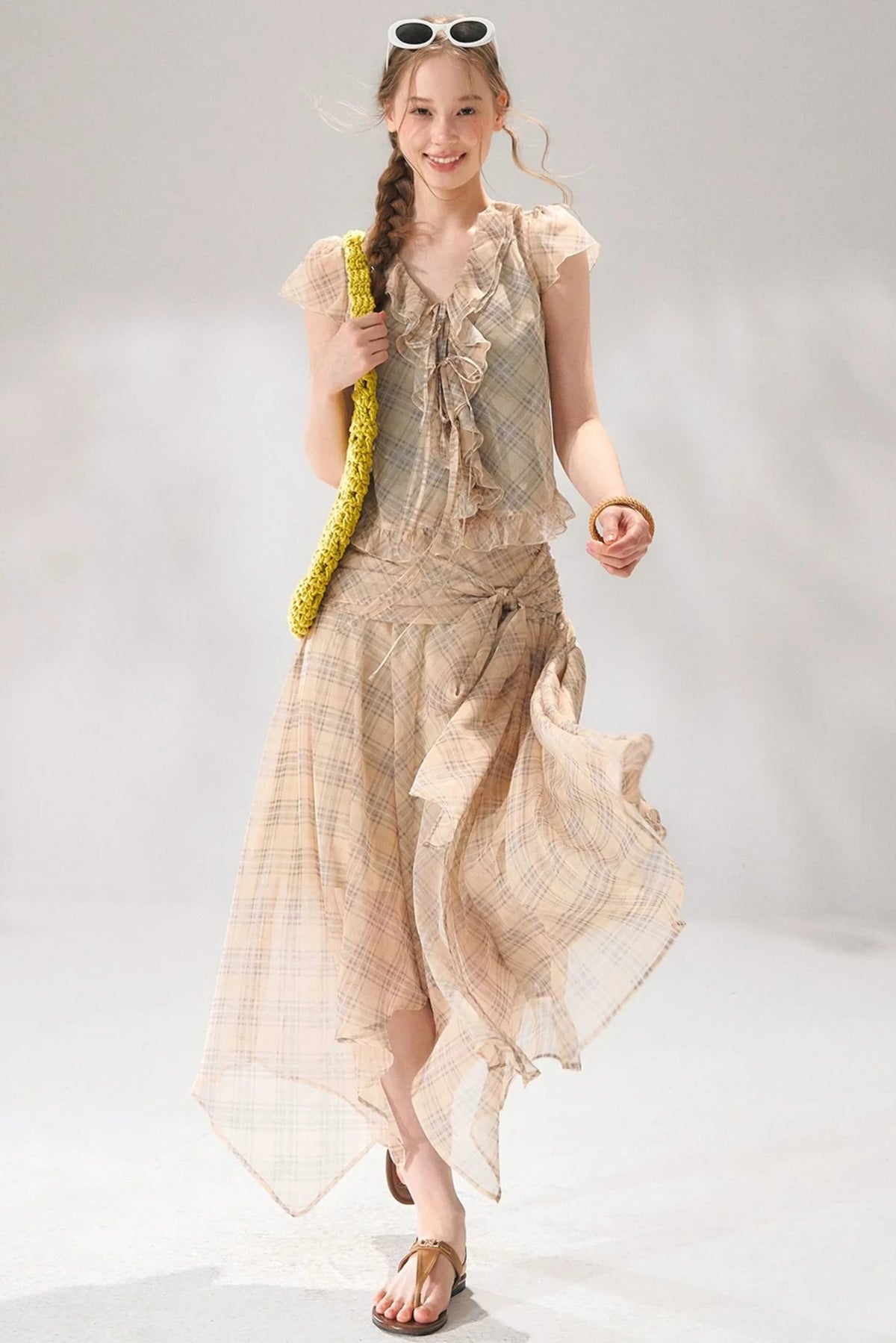 Retro Plaid Chiffon Two-Piece Set-Up