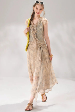 Retro Plaid Chiffon Two-Piece Set-Up
