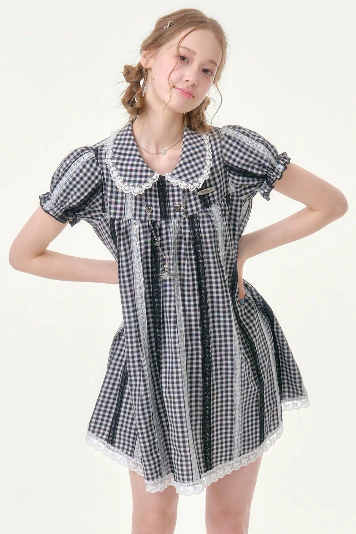 Retro Plaid Doll Collar Lace Dress