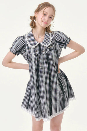 Retro Plaid Doll Collar Lace Dress
