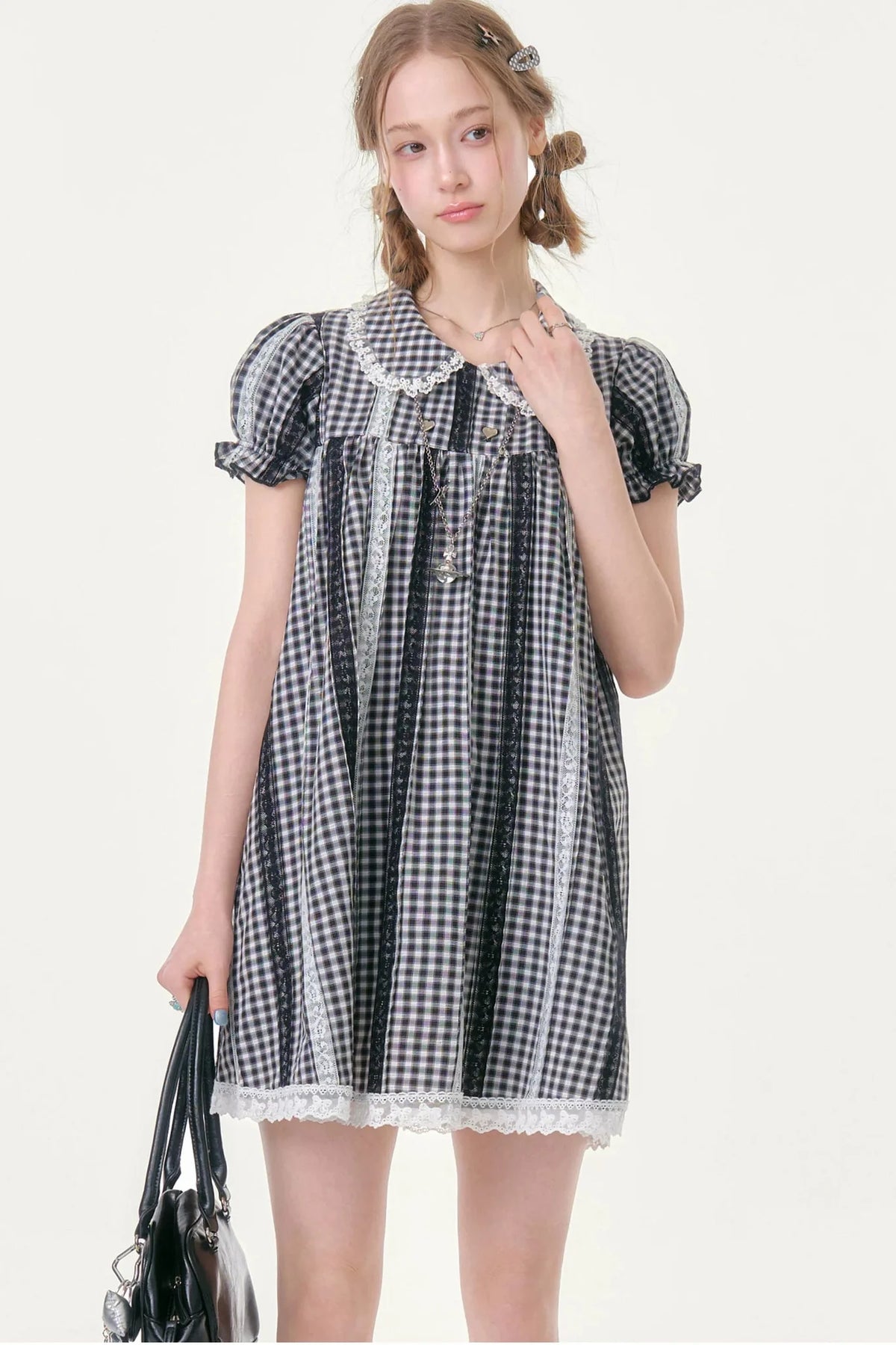 Retro Plaid Doll Collar Lace Dress