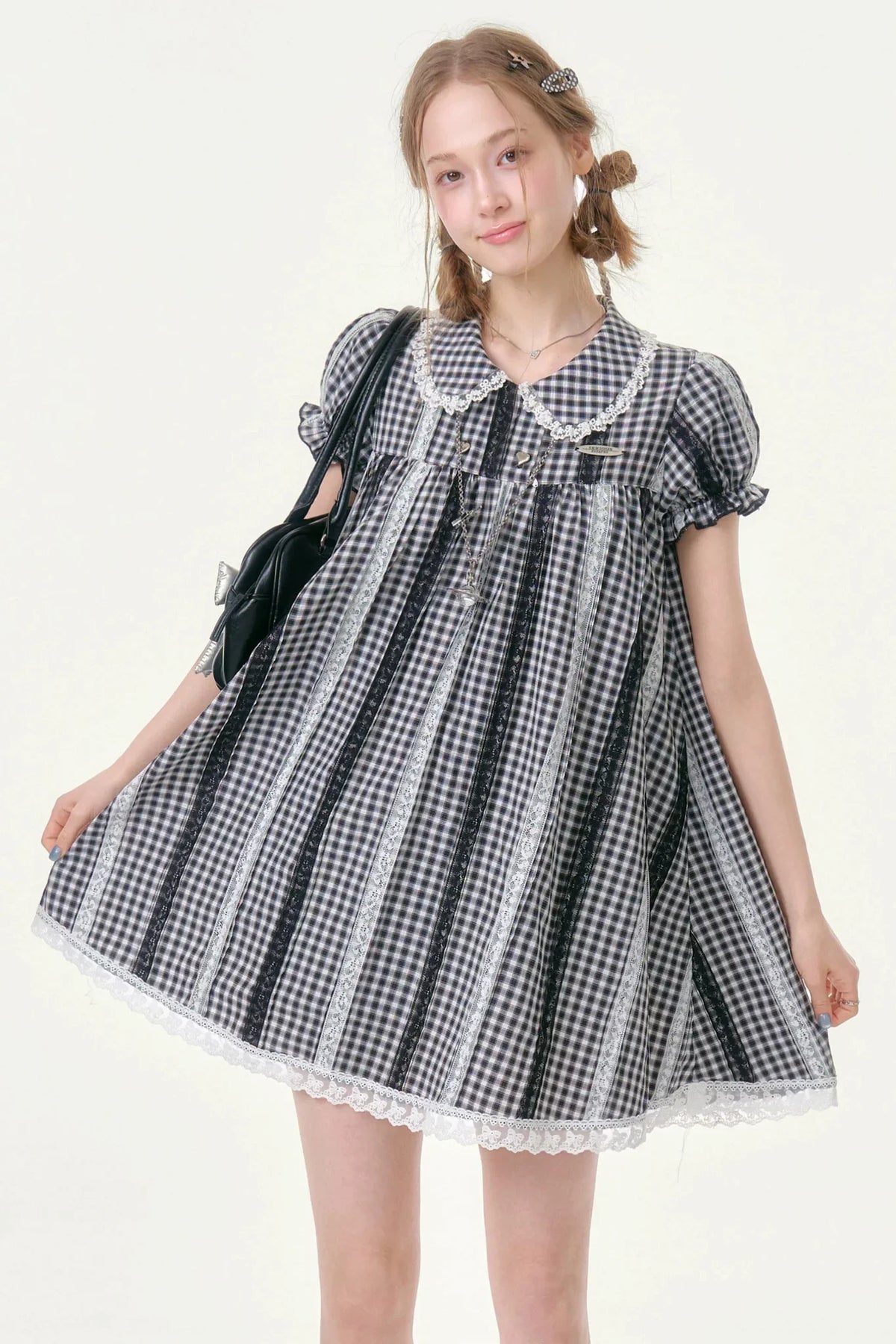 Retro Plaid Doll Collar Lace Dress