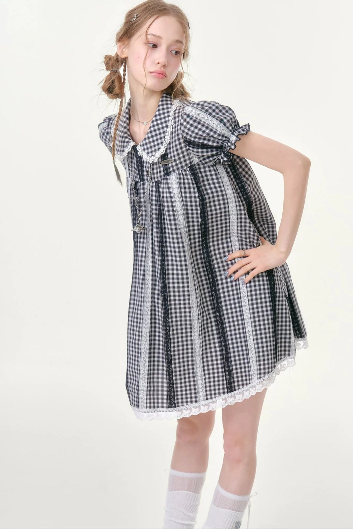 Retro Plaid Doll Collar Lace Dress