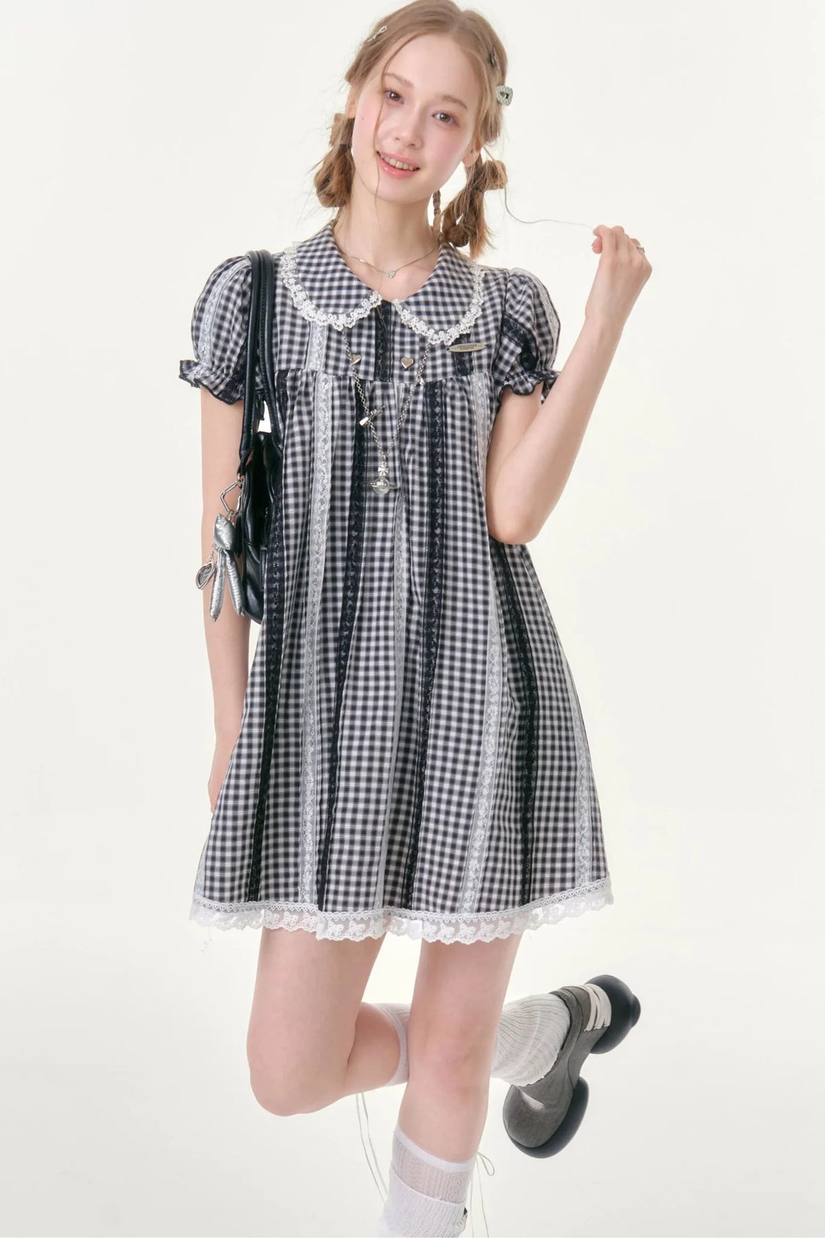 Retro Plaid Doll Collar Lace Dress