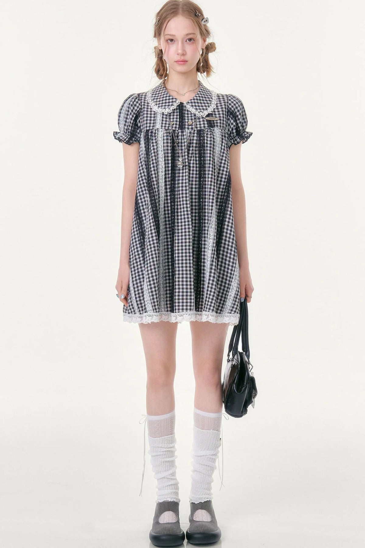 Retro Plaid Doll Collar Lace Dress