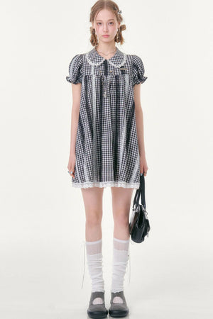Retro Plaid Doll Collar Lace Dress