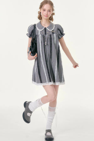 Retro Plaid Doll Collar Lace Dress