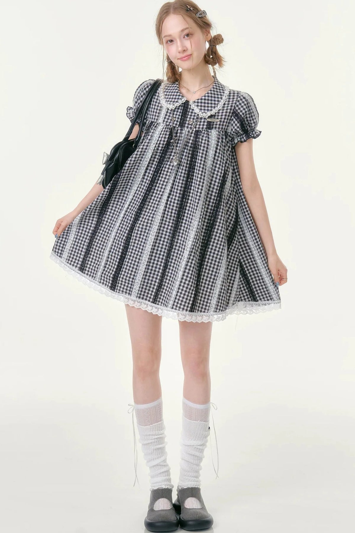Retro Plaid Doll Collar Lace Dress