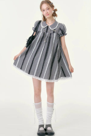 Retro Plaid Doll Collar Lace Dress