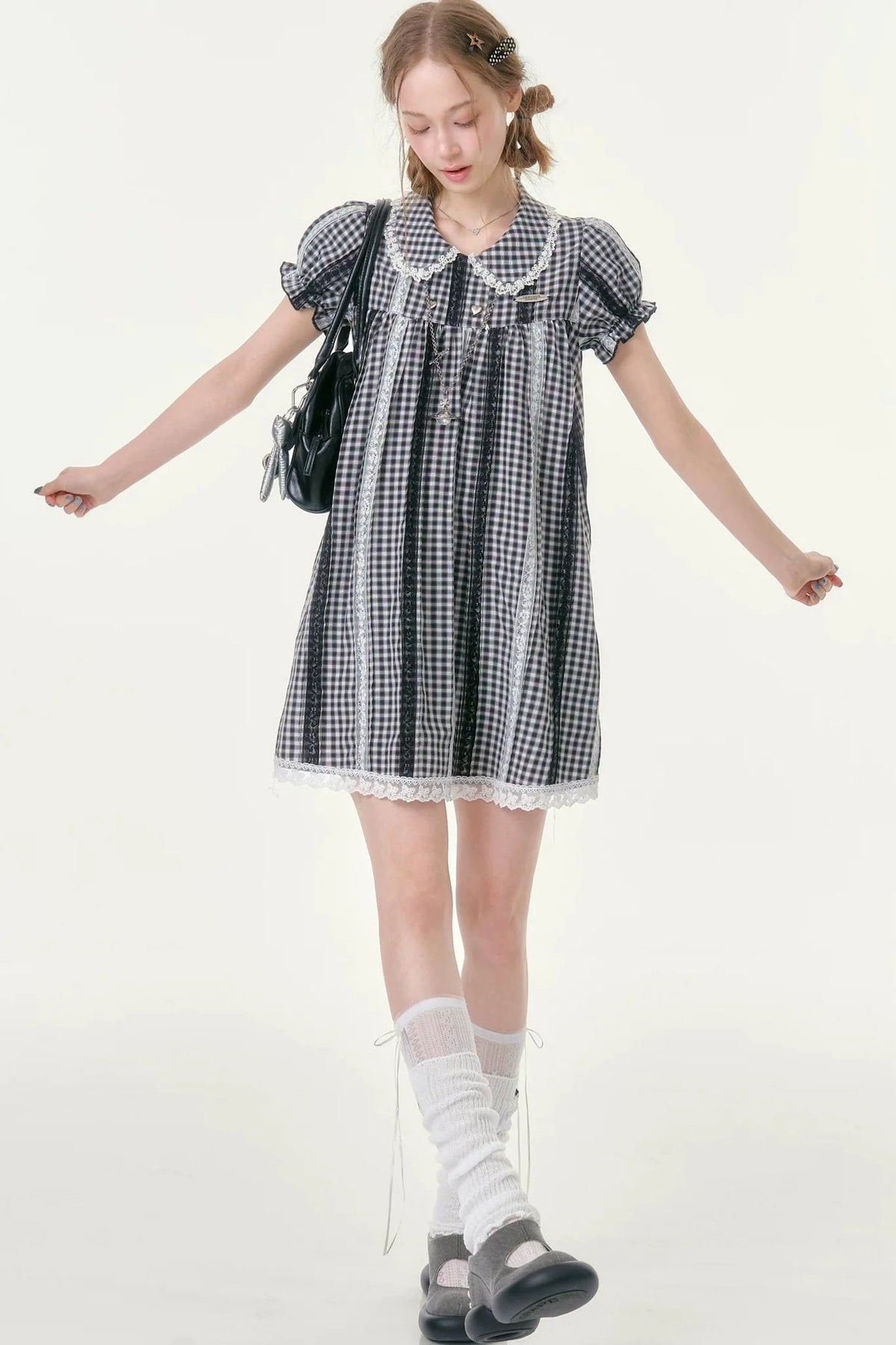 Retro Plaid Doll Collar Lace Dress