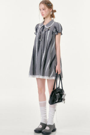 Retro Plaid Doll Collar Lace Dress