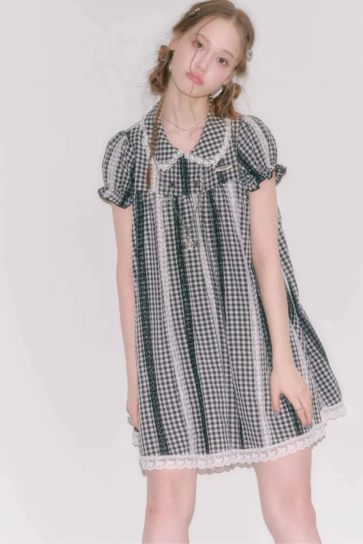 Retro Plaid Doll Collar Lace Dress