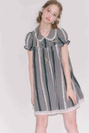 Retro Plaid Doll Collar Lace Dress