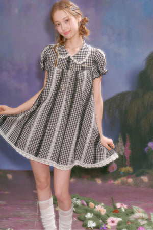 Retro Plaid Doll Collar Lace Dress