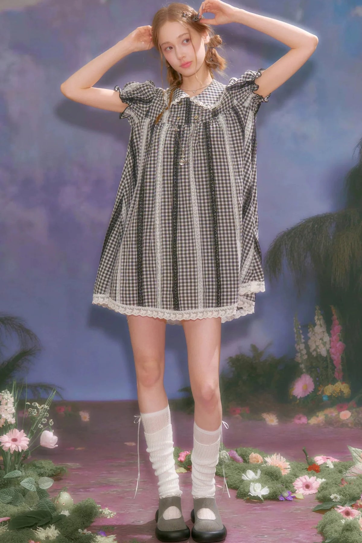 Retro Plaid Doll Collar Lace Dress