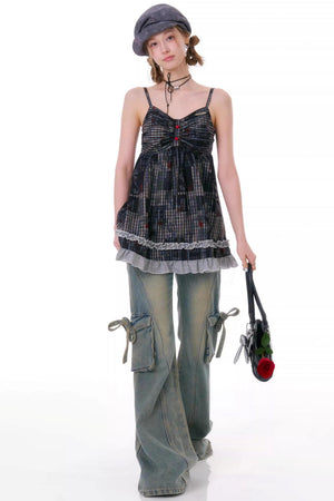 Retro Plaid Lace Strap Top