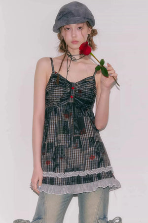 Retro Plaid Lace Strap Top