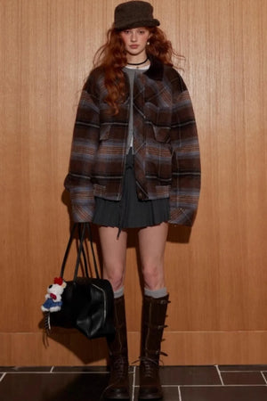 Retro Plaid Lapel Woolen Jacket