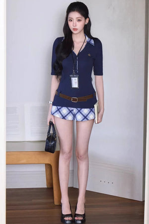 Retro Plaid Polo Skirt Set-Up