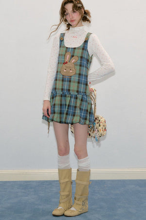 Retro Plaid Rabbit Patch Layered Dress