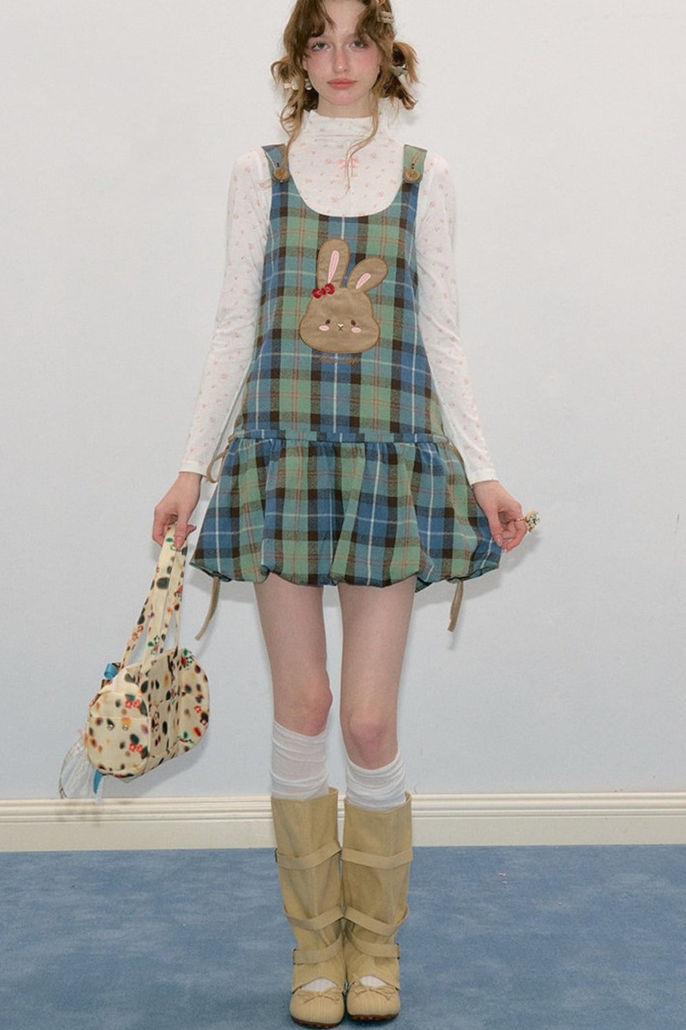Retro Plaid Rabbit Patch Layered Dress