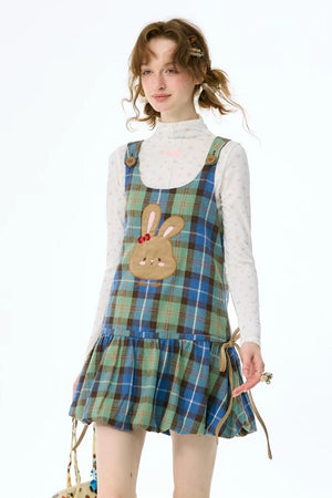 Retro Plaid Rabbit Patch Layered Dress