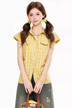 Retro Plaid Waist-Cinching Blouse