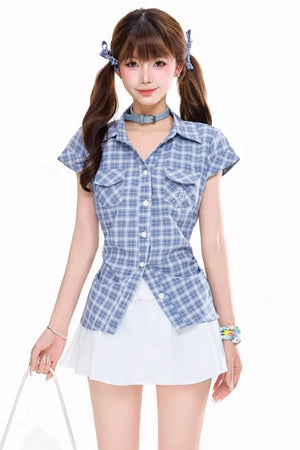 Retro Plaid Waist-Cinching Blouse