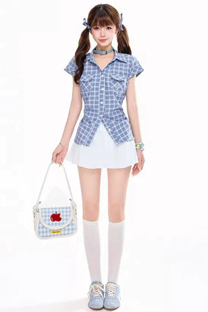 Retro Plaid Waist-Cinching Blouse
