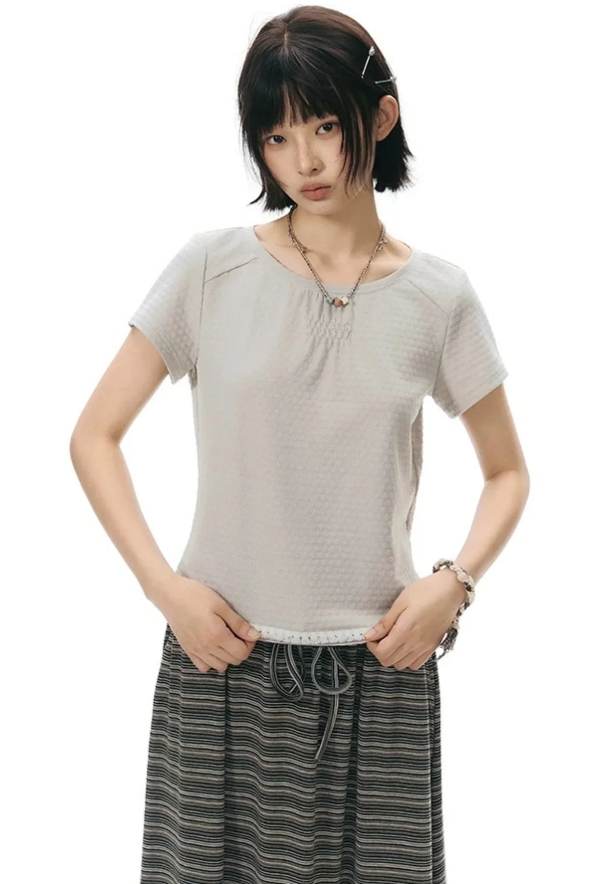 Retro Pleated Neck T-Shirt
