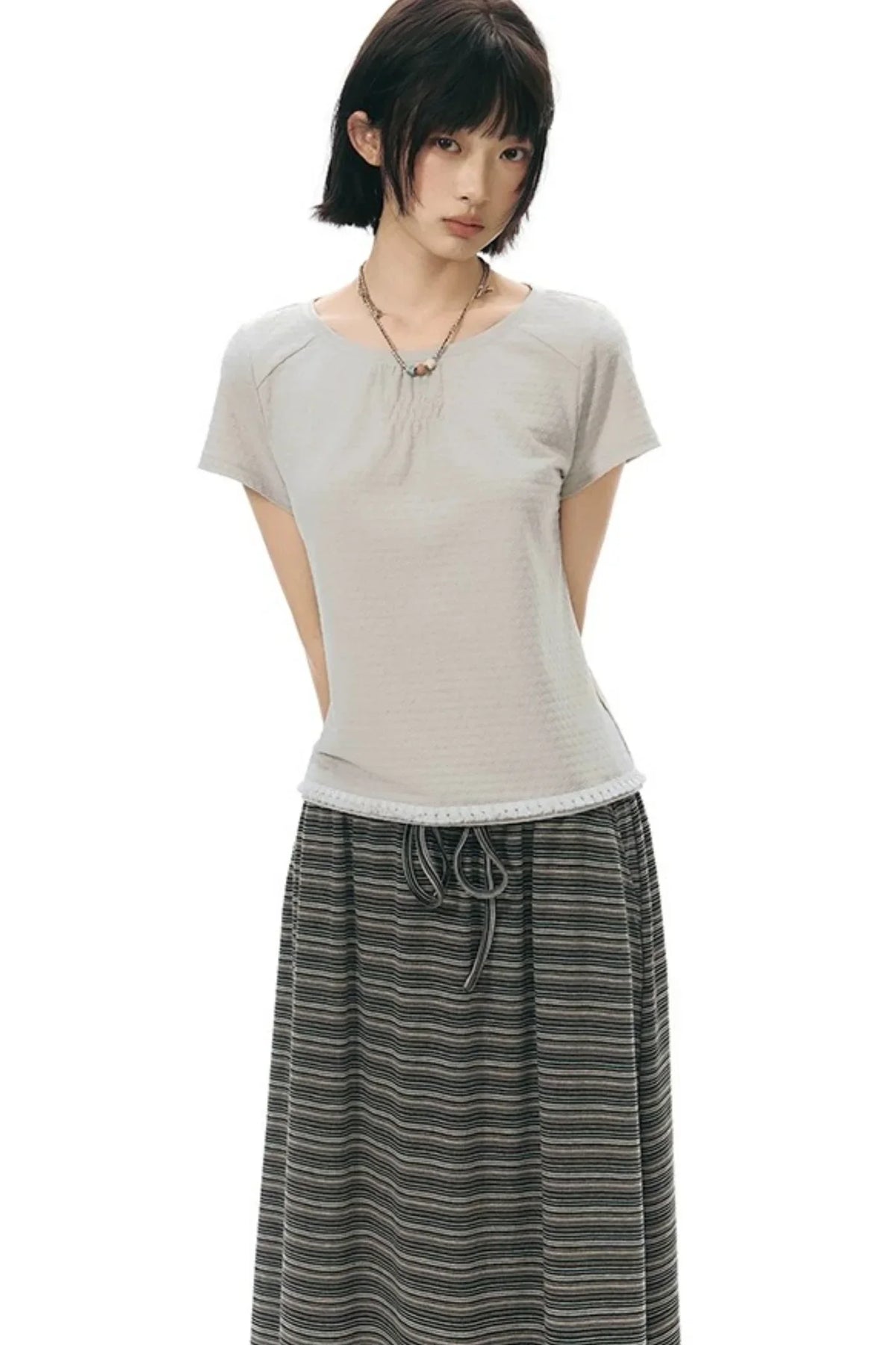 Retro Pleated Neck T-Shirt