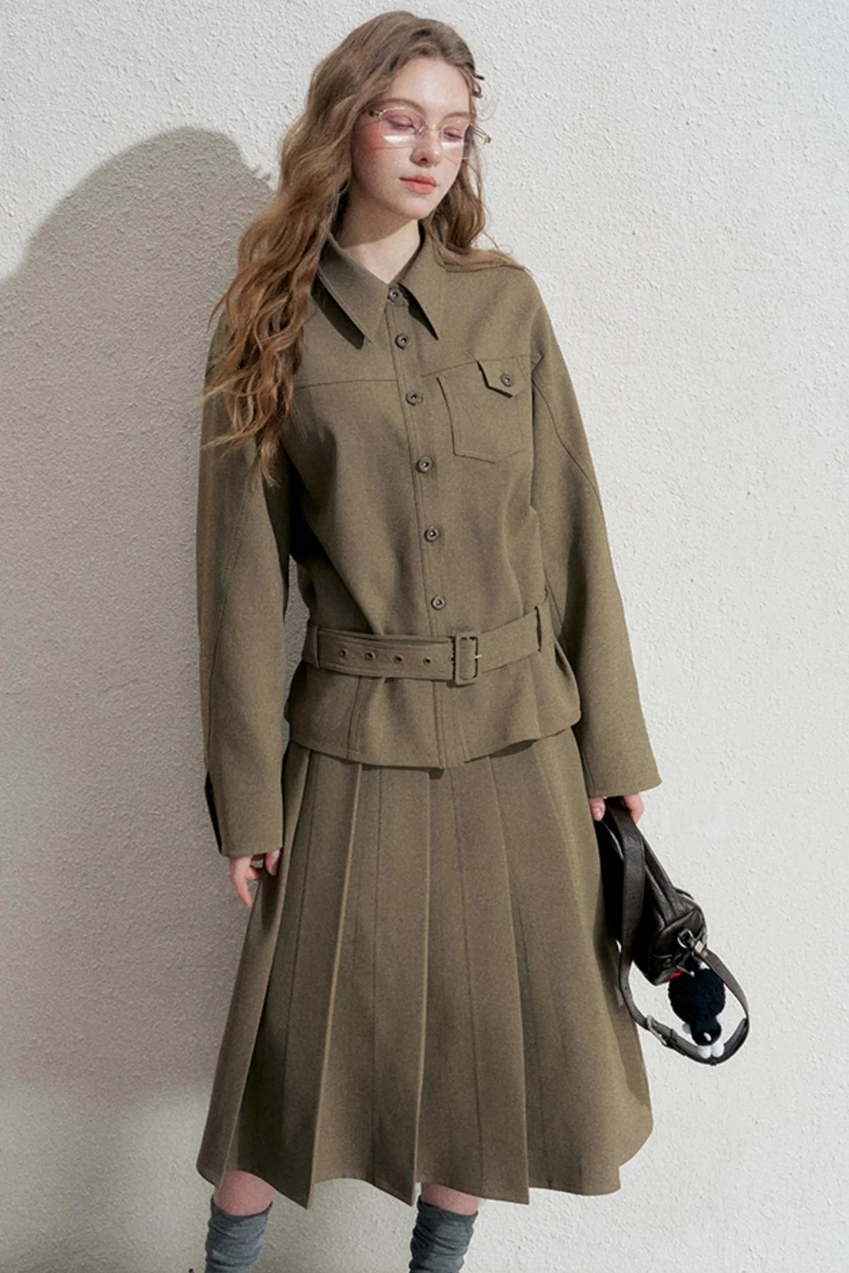 Retro Pleated Skirt With Jacket Set-Up