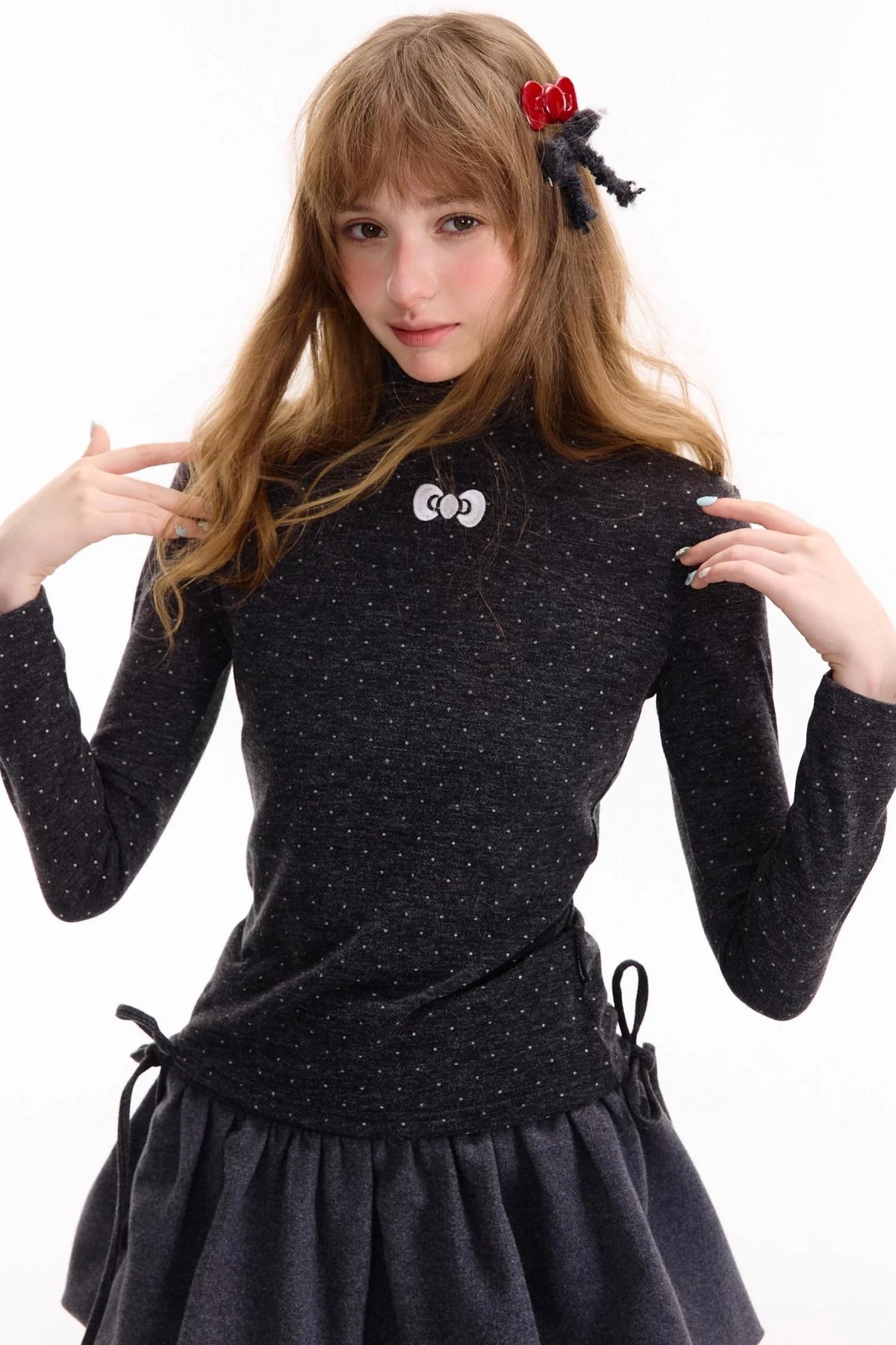 Retro Polka Dot High-Neck Long Sleeve T-Shirt