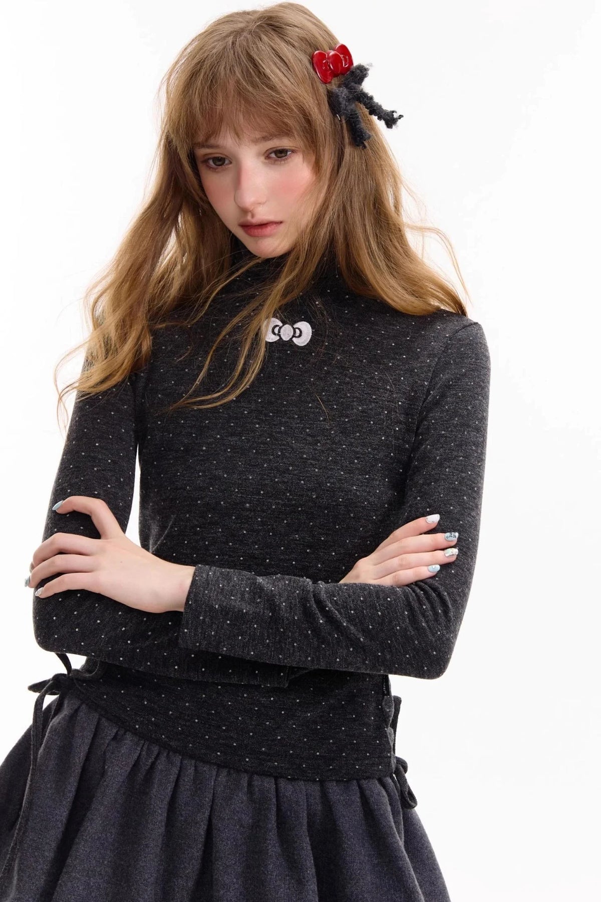 Retro Polka Dot High-Neck Long Sleeve T-Shirt